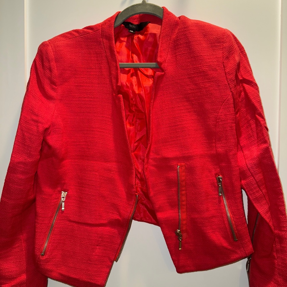 Mossimo Red Coral Orange Asymmetrical Moto Blazer Jacket Like New